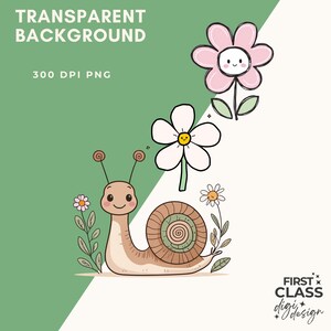 Puede incluir: Un caracol de dibujos animados con una concha marr&oacute;n y una flor rosa y blanca detr&aacute;s. El caracol tiene una cara sonriente y dos antenas. La flor tiene un centro amarillo y cinco p&eacute;talos. El fondo es verde y blanco.