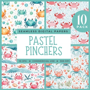 May include: A set of 10 digital papers featuring pastel colored crabs on a variety of backgrounds. The papers are seamless and perfect for crafting projects.  10 JPG, Commercial Use, 300 DPI.