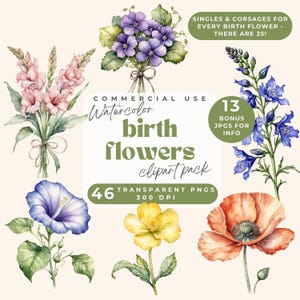 Clipart de buquê de flores do mês de nascimento, clipart de flores do mês de nascimento, PNG de flores de nascimento, presente de dia das mães, flores de aquarela do mês de nascimento, floral