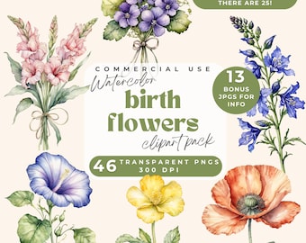 Birth Month Flower Bouquet Clipart, Birth Month Flowers Clipart, Birth Flower PNG, Mother's Day Gift, Watercolor Birth Month Flowers, Floral
