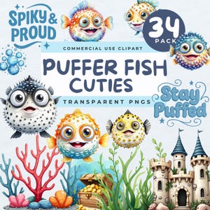 Puede incluir: Un conjunto de imágenes prediseñadas digitales con 34 ilustraciones de peces globo con ojos grandes y cuerpos espinosos. El texto dice Spiky & Proud, Puffer Fish Cuties, 34 Pack, Transparent PNGs y Stay Puffed. Incluye coral, cofre y castillo.