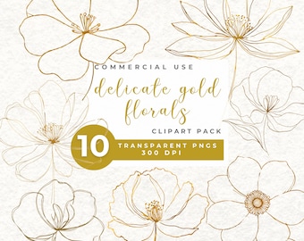 Delicate Gold Florals, Fine Line Flower Clipart, Minimalist Botanical PNGs, Elegant Gold Outline Flowers, Line Art, Boho Wedding Design