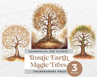 Mystical Tree Clipart, Rustic Earth Magic Trees PNG Set, Vintage Tree of Life Clip Art, Earthy Nature Illustration, Sublimation Graphics