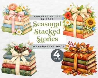 Stack Of Books With Bow Clipart, Spring Bookish Clipart, Seasonal Book Stack Clip art, Spring Summer Autumn Winter Books