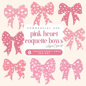 Set di clipart di fiocchi di San Valentino PNG Trendy Preppy Girly cuore rosa Coquette Bow Set di clipart di amore di San Valentino PNG Grafica di biglietti di San Valentino