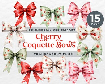 Cherry Bow Clipart, Coquette Ribbon Bow Set PNG, Cherry Aesthetic Bow Clip Art, Cute Girly Ribbon Illustrations, Sublimation Graphics