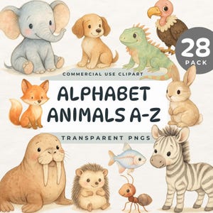 Animal Alphabet A–Z Clipart, Cute Animal PNGs for Every Letter, Watercolor Animal Alphabet Clip Art, ABC Animal Bundle, Educational Clipart