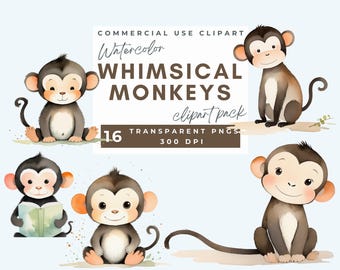 Monkey Clipart Watercolor Safari animals nursery clipart baby animals clip art whimsical monkeys png, baby nursery decor cute baby shower