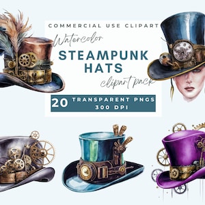 Steampunk Hat Watercolor Clipart, Vintage Headgear Images, Commercial Use Steampunk Art Print PNG  Hat Clip art Png Instant Digital Download