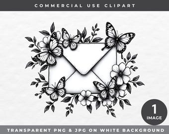 Butterfly Envelope Clipart, Black and White Floral Mail Art, Commercial Use PNG, Vintage Letter Design, Printable Craft Image