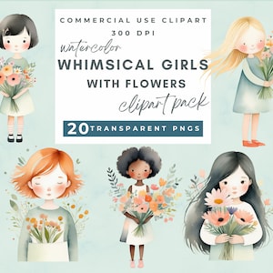 Whimsical girls clipart, girls with flowers, Clipart Whimsical Girl, Quirky, Female, Watercolor whimsical girls, card making, junk journals