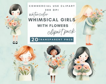 Clipart ragazze stravaganti, ragazze con fiori, Clipart Whimsical Girl, eccentrico, femmina, ragazze stravaganti dell'acquerello, creazione di carte, diari spazzatura