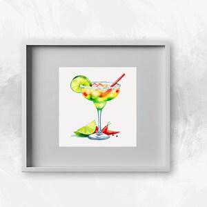 May include: A watercolor painting of a margarita cocktail in a glass with a salted rim. The drink is garnished with a lime wedge and a red chili pepper. The drink is on a white background.
