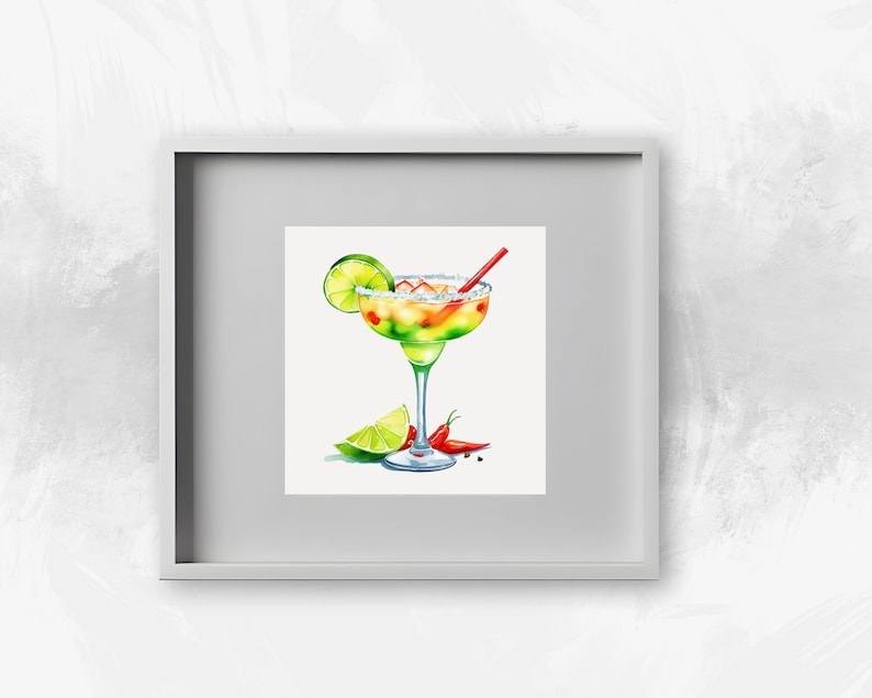 May include: A watercolor painting of a margarita cocktail in a glass with a salted rim. The drink is garnished with a lime wedge and a red chili pepper. The drink is on a white background.