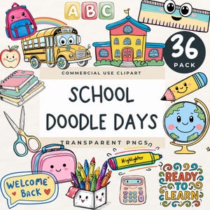 Watercolor School Clipart, Back To School Png, Teacher Clipart, School Supplies Book Cliparts Doodle clip art Cute Kawaii Graphics Classroom