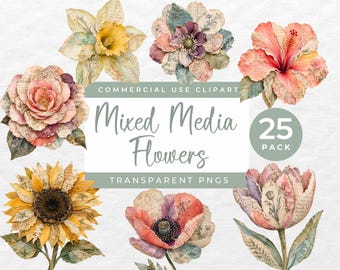 Mixed Media Flowers Clipart pack, Mixed Media Clip Art Kit, Vintage Floral Collage Flowers, Botanical Paper Art, Wedding Invitation Graphics