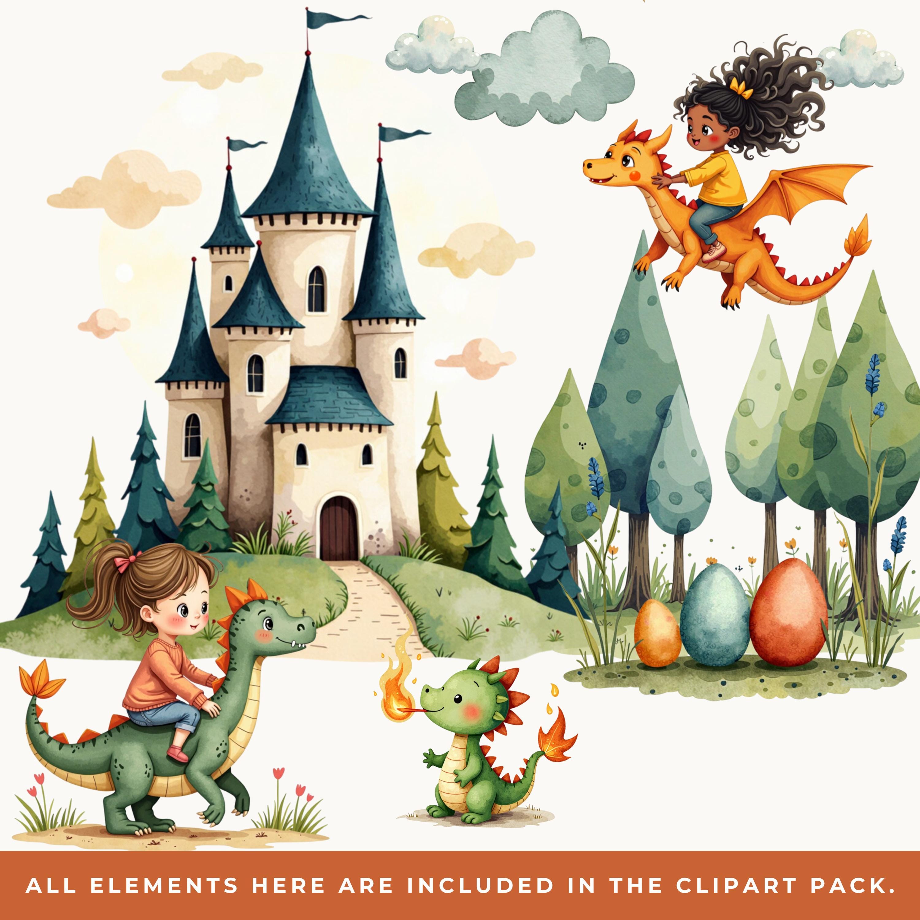 Dragon Rider Clipart, Watercolor Kids Riding Magical Dragons and ...