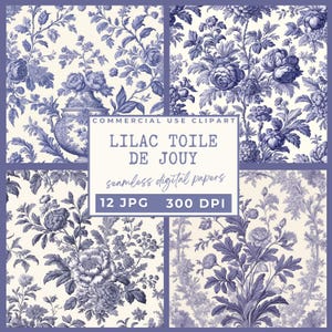 Flieder Lila Toile de Jouy Digital Paper Pack, Florale Toile Nahtlose Muster, Vintage Französisch Scrapbooking Digitale Hintergründe Junk Journal