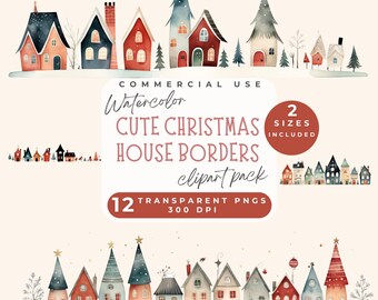 Christmas house clipart border, 12 Christmas Houses Borders ClipArt, Christmas Village PNG,  holiday season PNG, Christmas street clip art