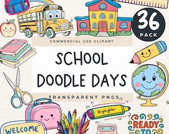 Puede incluir: Una colección digital de 36 ilustraciones clipart con temática escolar que incluye un autobús amarillo, edificio escolar, globo terráqueo, tijeras, cuadernos, crayones, calculadora y una regla con el texto School Doodle Days y Ready to Learn.