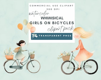 Girl on bicycle clipart, Cute Girl and bicycle clipart, whimsical girl on bicycle clipart, girl illustration, png file spring png summer png