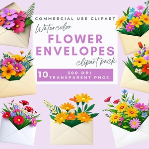 Flores digitales en sobre, sobre floral de acuarela, clip art de acuarela imprimible, PNG de alta calidad, manualidades de papel, diario basura