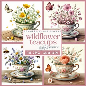 Wildblumen Teetassen Digitales Papier, Cottagecore Tee Hintergründe, Blumen Teetasse Druckbare Vintage Tee Scrapbook Papier Shabby Chic Teeparty JPG