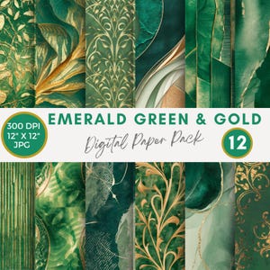 Smaragdgrün und Gold digitales Papier, Hintergrundbilder für Scrapbooking, Kartenherstellung, Junk Journals, Aquarellpapier Pack, kommerzielle Nutzung