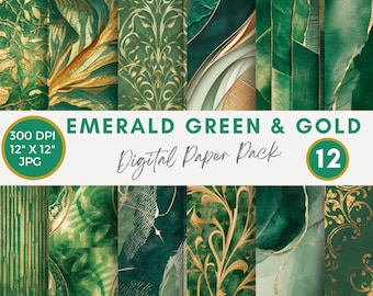 Smaragdgroen en goud digitaal papier, achtergrondafbeeldingen voor scrapbooking, kaarten maken, ongewenste tijdschriften, aquarelpapierpakket, commercieel gebruik
