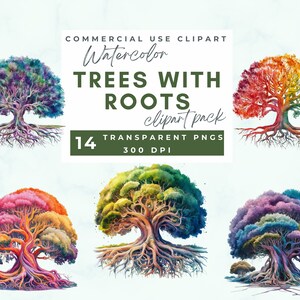 Puede incluir: Un conjunto de 14 ilustraciones de acuarela de árboles con raíces. Los árboles están pintados en colores vibrantes, incluyendo tonos de azul, verde, morado y naranja. Las raíces son detalladas y realistas, y los árboles se colocan sobre un fondo blanco.  COMMERCIAL USE CLIPART Watercolor TREES WITH ROOTS clipart pack 14 TRANSPARENT PNGS 300 DPI