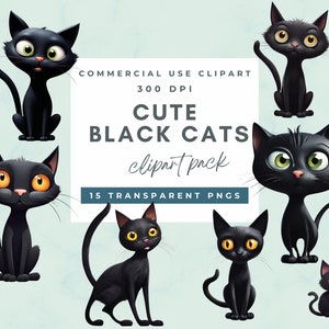 Black Cat Clipart, Cute black cats clipart, 15 High Quality Transparent Background PNG, Digital Download, Commercial Use, Art Craft Supplies
