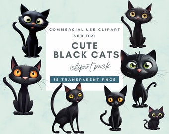 Black Cat Clipart, Cute black cats clipart, 15 High Quality Transparent Background PNG, Digital Download, Commercial Use, Art Craft Supplies