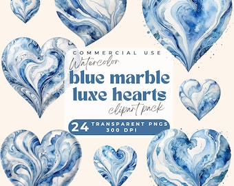 May include: A digital collection of heart-shaped graphics featuring blue and white watercolour marble patterns. The text reads: COMMERCIAL USE Watercolour blue marble luxe hearts clipart pack 24 TRANSPARENT PNGS 300 DPI. Eight hearts are displayed.
