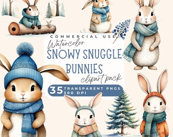 Watercolor Winter rabbit clipart, Cute whimsical rabbit clip art, Cute Snowy Bunny Clipart, Cozy Winter Bunny Nursery PNG for Paper Crafts