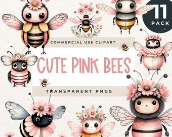 Clipart of Pink Bee, Floral Bee Clipart, Cute Bee with Flowers, Pink Aesthetic Bumblebee, Watercolor Bees, Spring Bee Clip Art, Boho Bee PNG