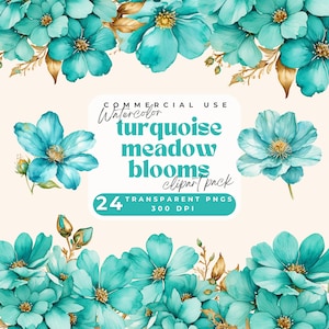 Puede incluir: Paquete de imágenes prediseñadas de acuarela con flores de pradera turquesas. La imagen incluye varias flores turquesas con detalles dorados y texto: "Commercial Use Watercolor Turquoise Meadow Blooms Clipart Pack 24 Transparent PNGs 300 DPI."