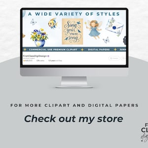Op de afbeelding: Een computermonitor toont een website met digitale clipart en papieren. Het scherm toont aquarel illustraties van een fee, bloemen en een vis. Tekst op het scherm luidt "Sing your own song" en "A wide variety of styles."