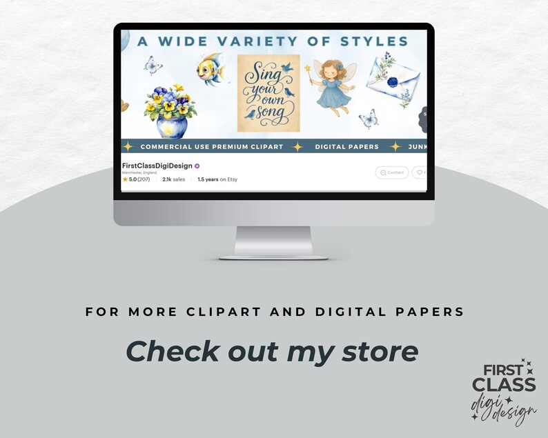 Op de afbeelding: Een computermonitor toont een website met digitale clipart en papieren. Het scherm toont aquarel illustraties van een fee, bloemen en een vis. Tekst op het scherm luidt "Sing your own song" en "A wide variety of styles."