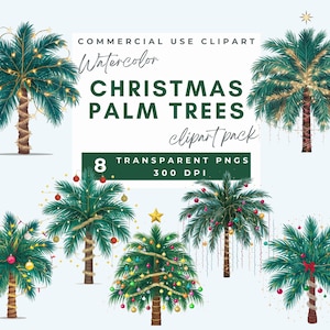 Christmas Palm Tree Clipart, watercolor tropical Christmas, holiday graphics, festive clipart, digital download, Christmas decorations