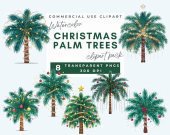 Christmas Palm Tree Clipart, watercolor tropical Christmas, holiday graphics, festive clipart, digital download, Christmas decorations