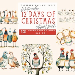 Clipart de los 12 días de Navidad, pájaros cantores, doce días de Navidad, PNG transparente digital, PNG transparente, clipart de acuarela con temática navideña