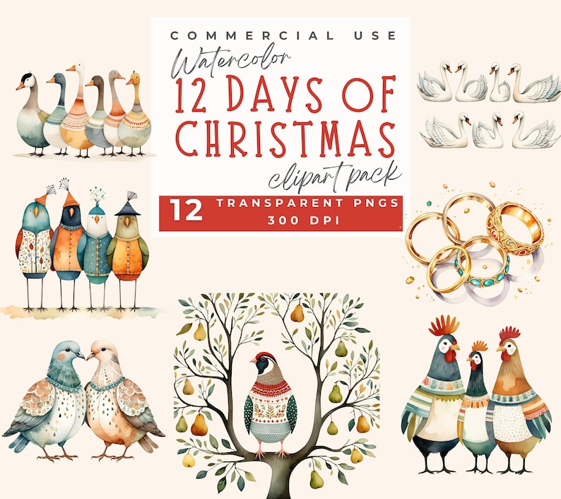 12 Days of Christmas Clipart, Calling Birds Twelve Days of Xmas Digital ...