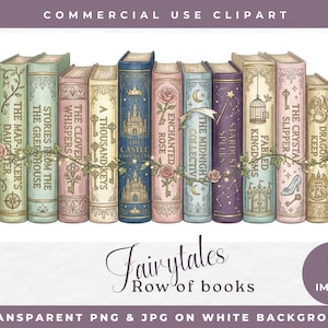 Puede incluir: Una colección de libros de cuentos de hadas ilustrados, con títulos como "Enchanted Rose" y "The Crystal Slipper". Los libros son de varios colores, incluyendo azul, rosa y verde, y están decorados con guirnaldas florales y diseños caprichosos. La imagen incluye el texto "Fairytales Row of books."