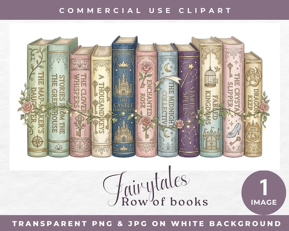 Row Of Books Clipart, Fairytale Book Stack PNG, Fantasy Storybook Books, Book Lover Clipart, Commercial Use Image