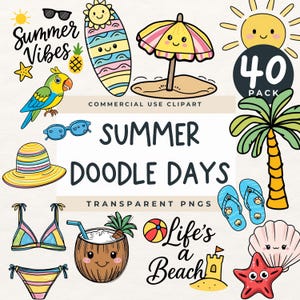Zomer clipart doodle pack, leuke zomer png's, tropisch strand clipart, vakantie vakantie illustraties, zonneschijn doodles, leuke illustraties png