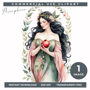 Imágenes prediseñadas de Perséfone imprimibles, diosa griega PNG, diosa mítica, imágenes prediseñadas de primavera bohemia, ilustración de la mitología de la antigua Grecia, revista basura
