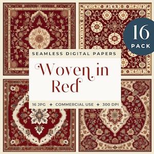 May include: A set of 16 digital papers featuring seamless patterns of red and cream woven designs. The patterns are inspired by traditional rugs and carpets. The text "Woven in Red" is displayed on the image.