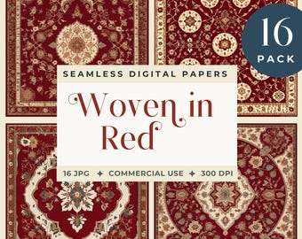 Persian Red Carpet Printable, Persian Rug Digital Paper Pack, Red Vintage Rug Textures, 12x12 Printable Backgrounds, Scrapbook, Junk Journal
