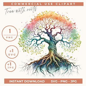 Watercolor tree with roots clipart, Tree Of Life Art, Roots PNG, Life Element Transparent Background Family Tree Commercial Use Junk Journal