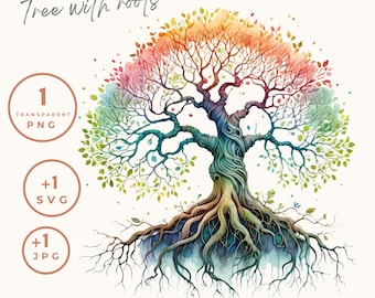 Watercolor tree with roots clipart, Tree Of Life Art, Roots PNG, Life Element Transparent Background Family Tree Commercial Use Junk Journal